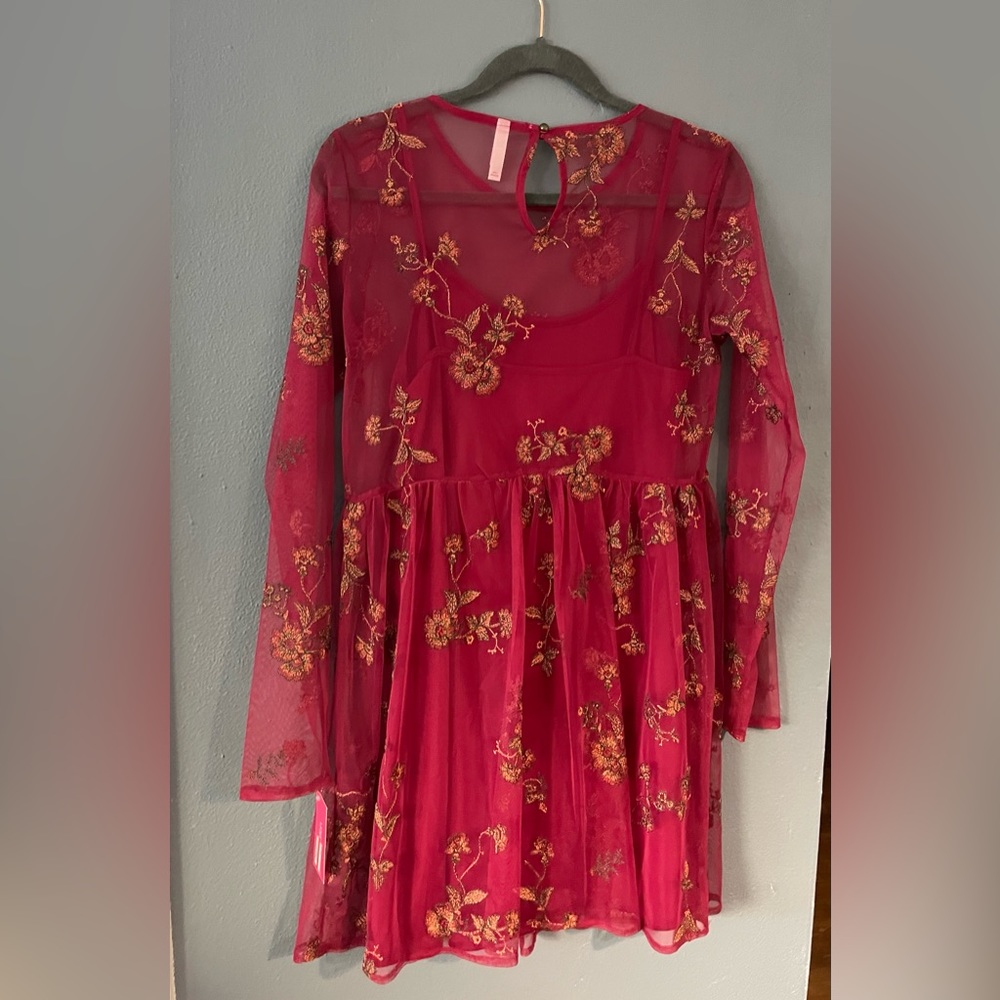 Embroidered Floral Shift Burgundy Dress Long Sleeve